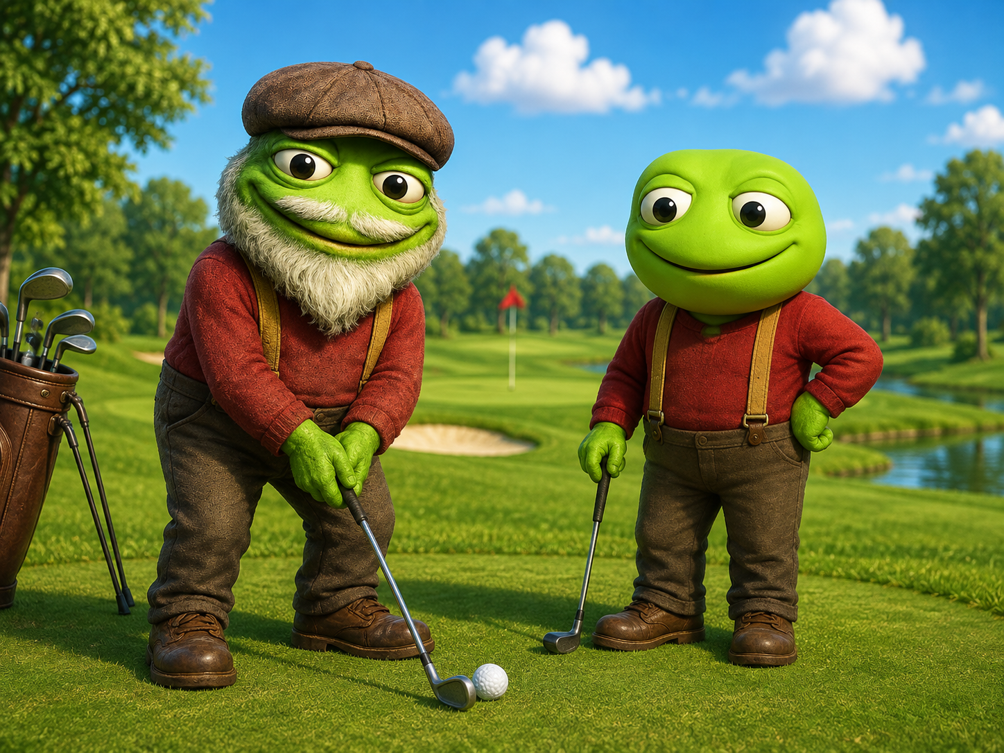 Grand Toad Pepe lining up a golf putt on a green fairway while Mr Toad Pepe watches holding a club