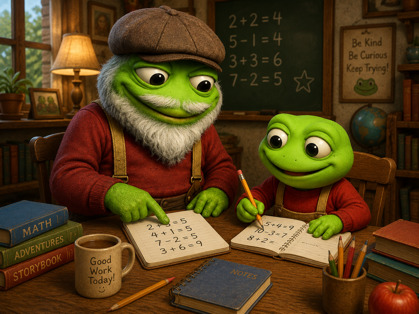 Grand Toad Pepe pointing at a notebook of sums while Mr Toad Pepe writes with a pencil at a cosy desk