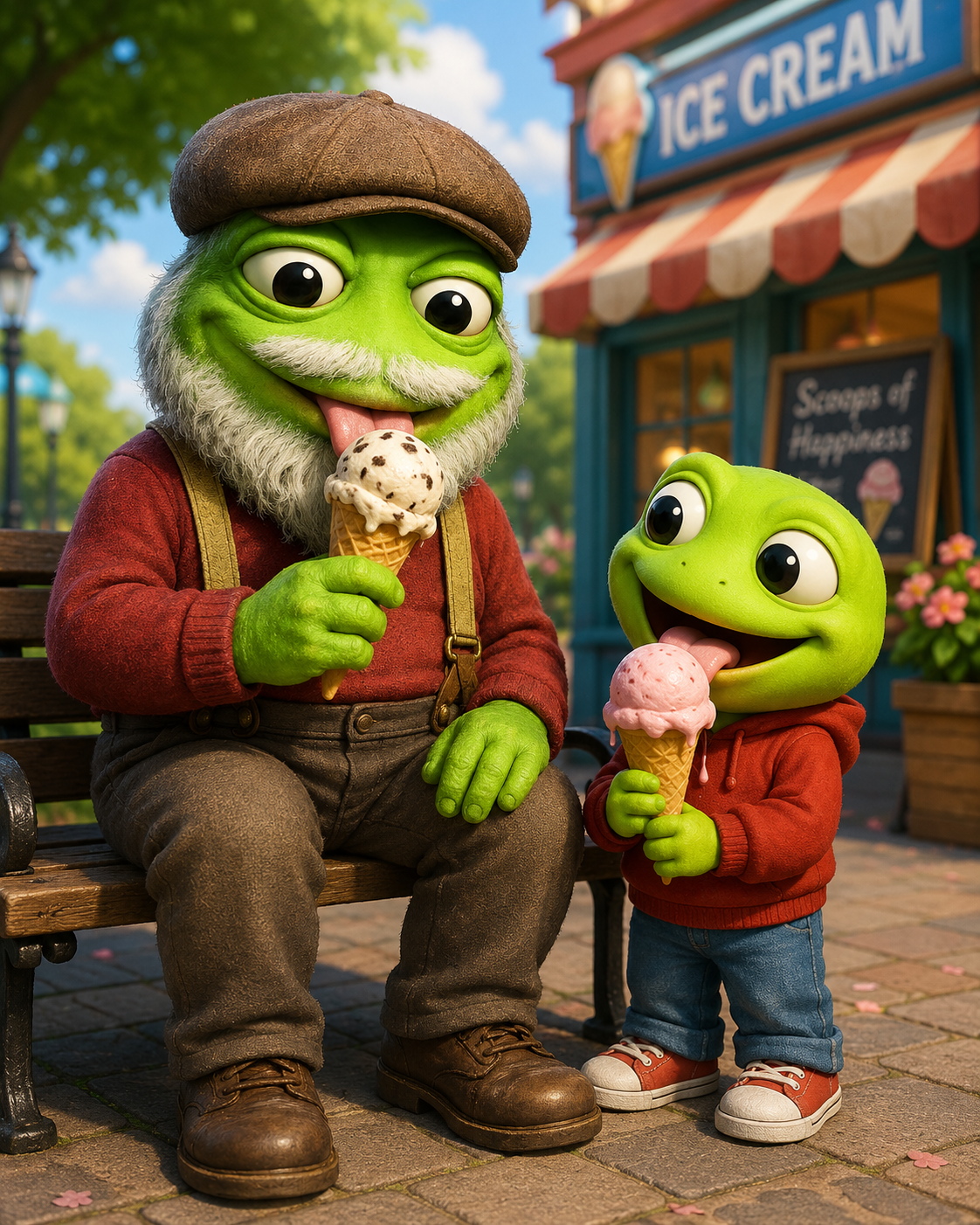 Grand Toad Pepe sitting on a bench eating a cone while Mr Toad Pepe licks a pink ice cream outside an ice cream shop
