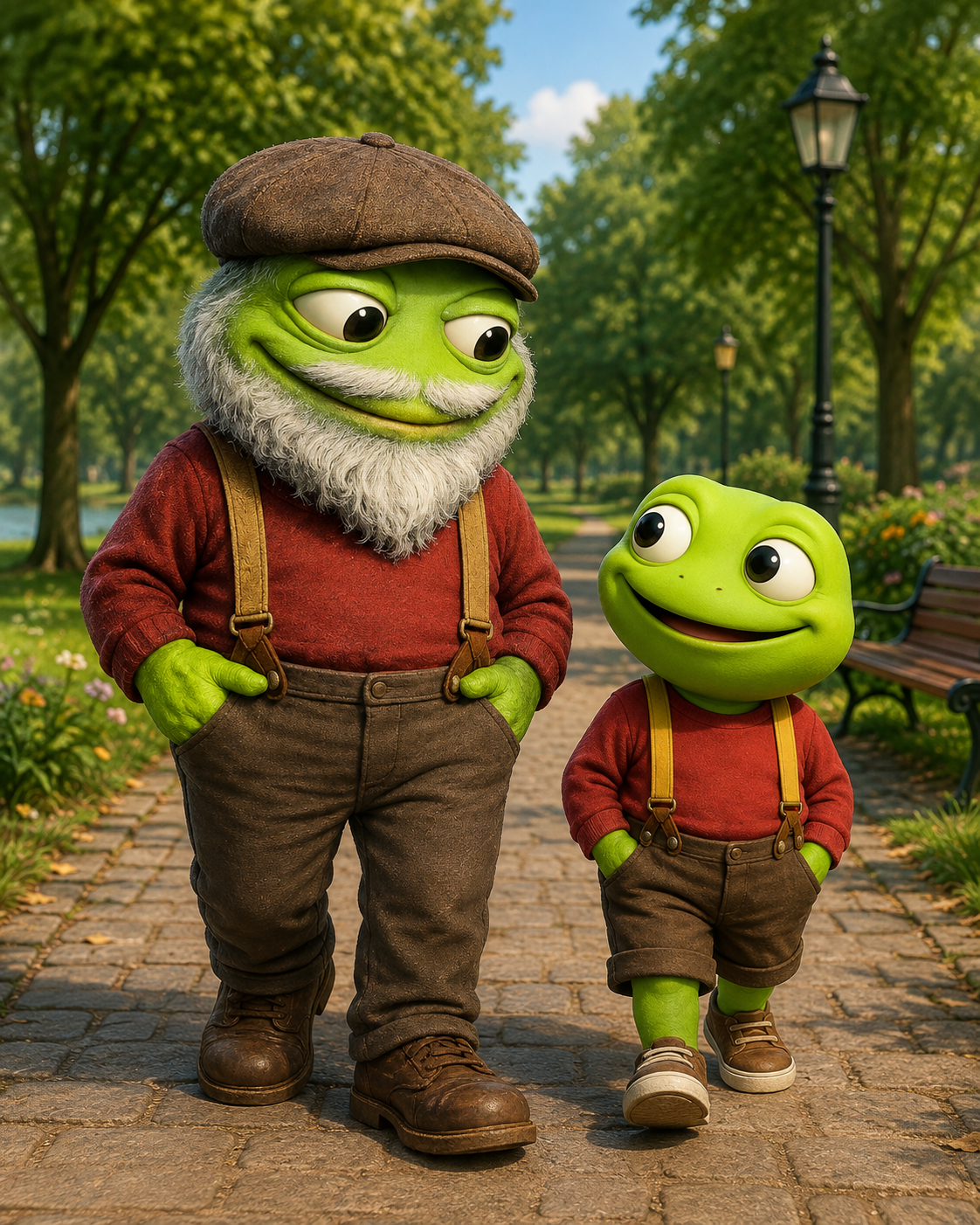Grand Toad Pepe and Mr Toad Pepe walking side by side along a cobblestone path in a sunny park