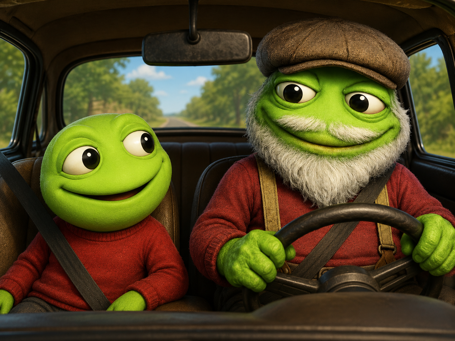 Grand Toad Pepe driving an old car down a country road with Mr Toad Pepe buckled into the passenger seat